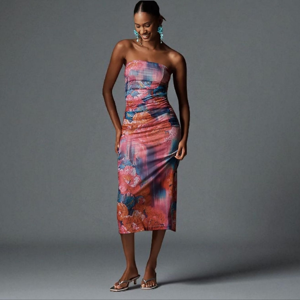 NWT Anthropologie The Soleil Slim Strapless Ruched Mesh Dress Midi Floral XL